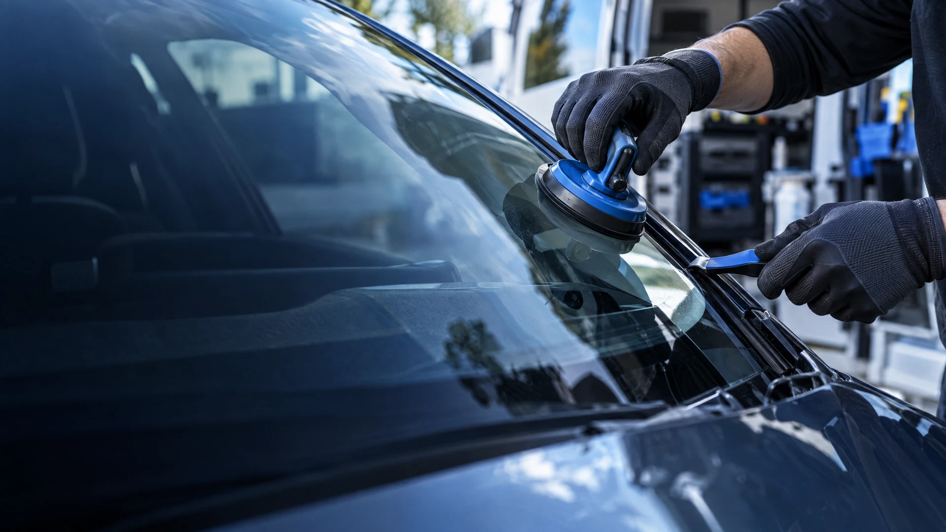 Illustrative close-up of professional windshield service tools